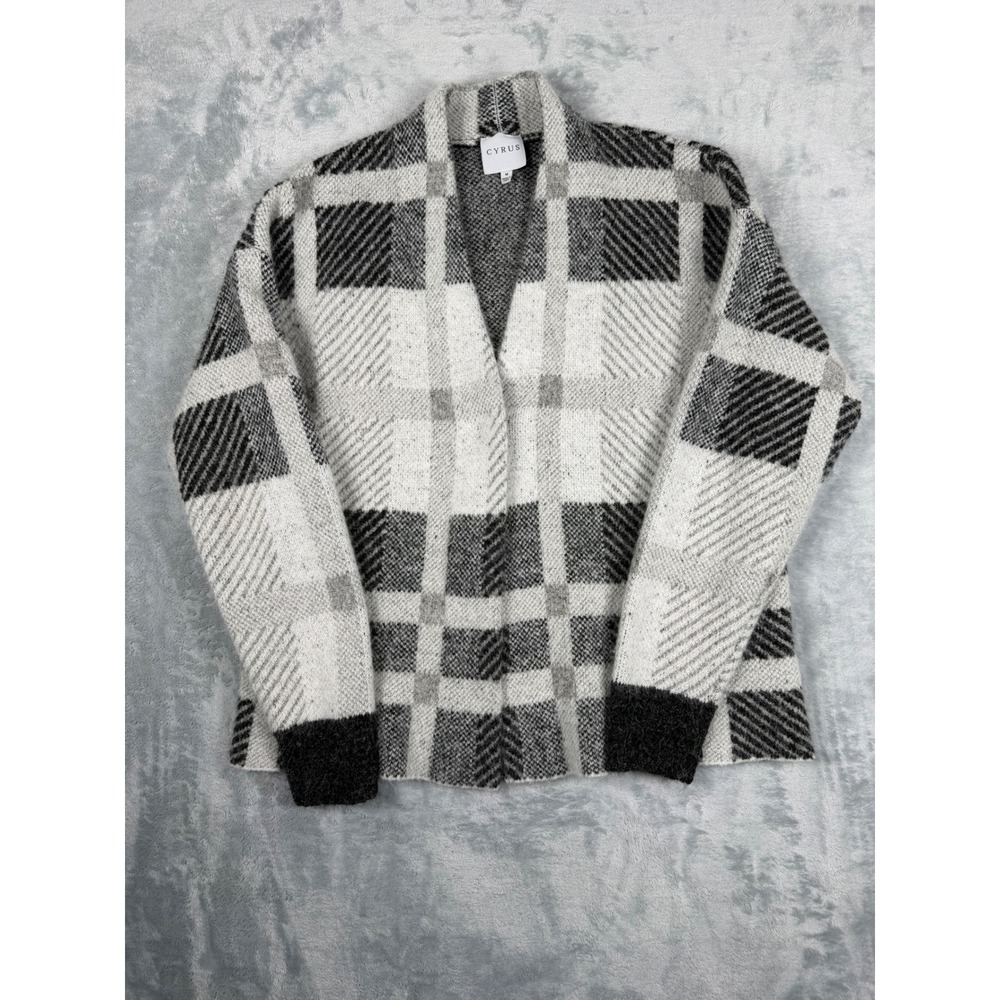 Cyrus Womens Plaid Open Front Cardigan Sweater Grey Black White Wool Blend M